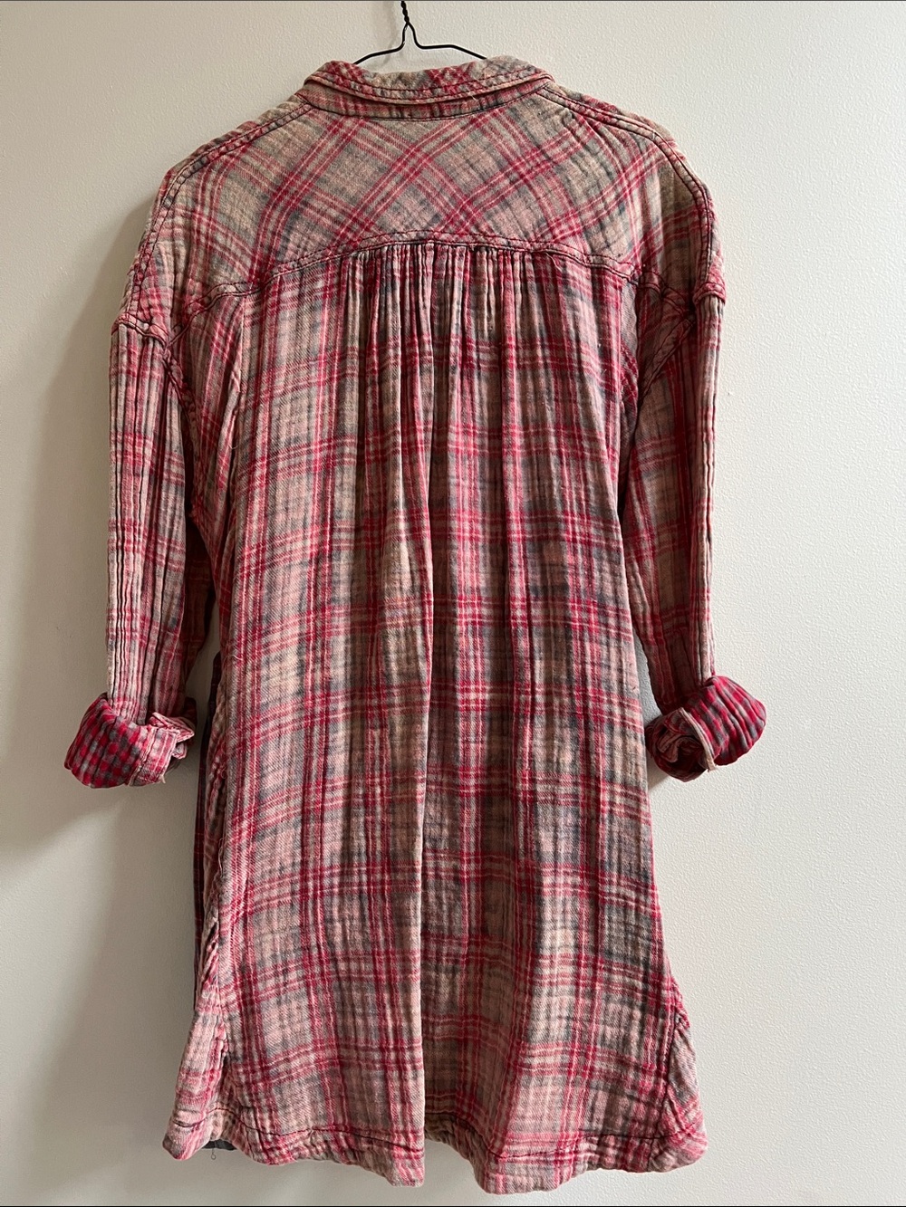 Free People Nordic Day Red Pink Plaid button down Long sleeve Plaid Shirt LaceUp - Picture 7 of 14